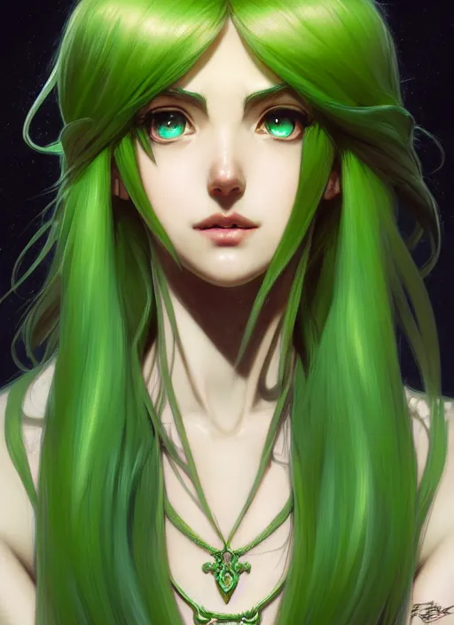 Image similar to portrait, head and body only, palutena, green hair, concept art, digital illustration, by rossdraws, frank franzzeta, intricate, masterpiece, elegant, hyper detailed, artstation, unreal engine rendered, concept art, smooth, sharp focus, illustration, art by artgerm and greg rutkowski and alphonse mucha and garis edelweiss