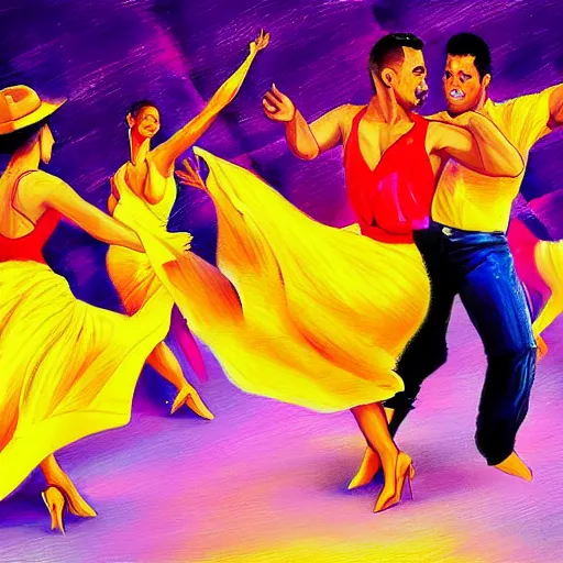 Image similar to semi realistic portrait of The sun is exploding while Latino Cubans Dancers Salsa Dancing by Stanley Artgerm Lau, sun exploding on the background, Gesture draw, Salsa Social Dance, couple, lady using yellow dress, guy using the purple fancy suit, Salsa tricks, explosive background, WLOP, Rossdraws, Gesture draw, James Jean, Andrei Riabovitchev, Marc Simonetti, and Sakimichan, trending on artstation