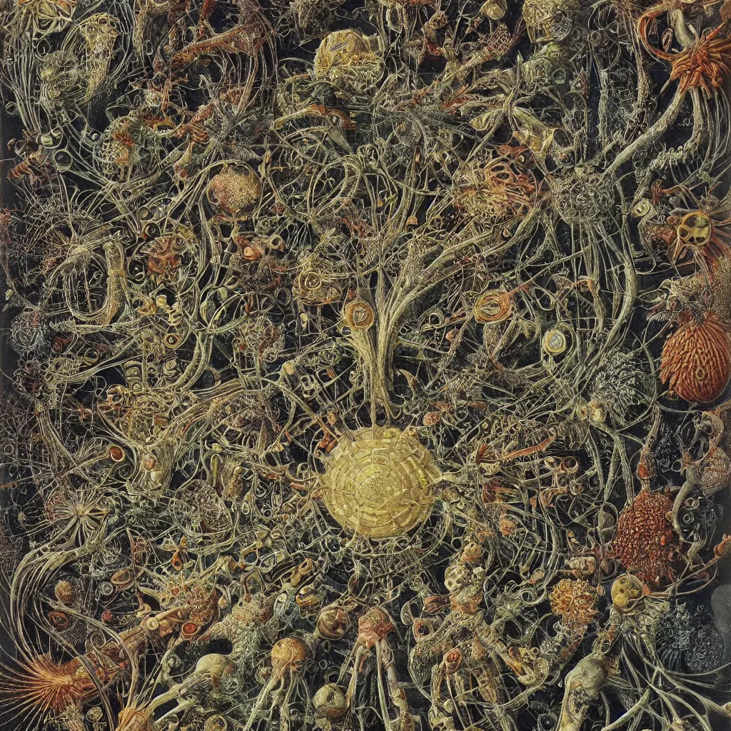 Image similar to televised experience of the COVID-19 pandemic and panic, spreading virus, dark, intricate, highly detailed, smooth, artstation, Painting by Ernst Haeckel