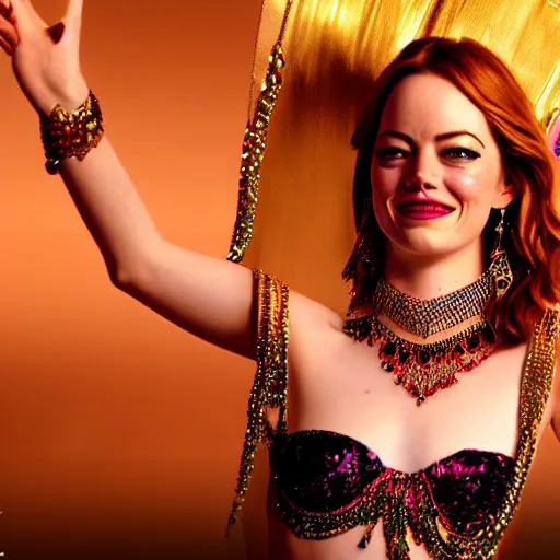 Image similar to a beautiful portrait of emma stone as a belly dancer, arabian night, high quality, fully detailed, 4 k