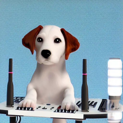 Image similar to puppy as a DJ, 8k, volumetric lighting, hyper realistic