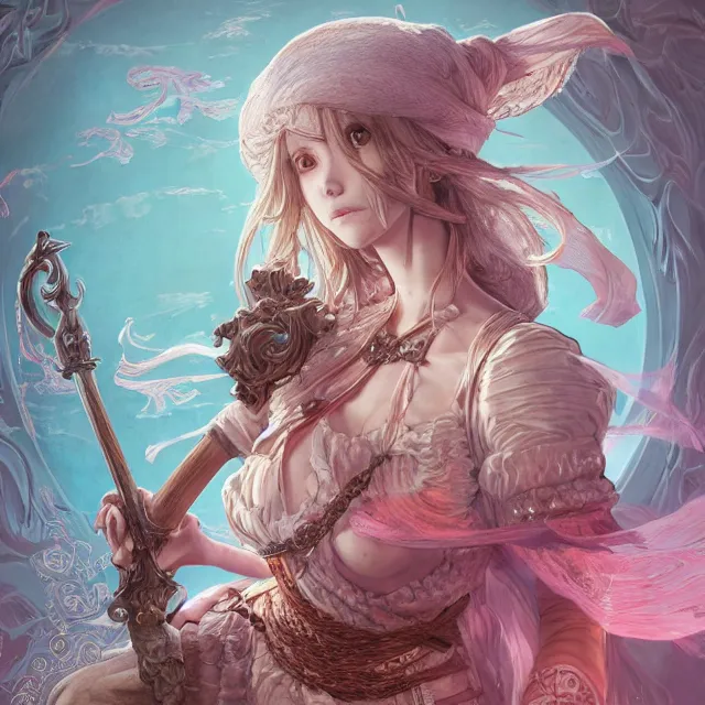 Prompt: portrait of neutral good colorful female cleric bard healer as absurdly beautiful, elegant, young skinny gravure idol, ultrafine hyperdetailed illustration by kim jung gi, irakli nadar, intricate linework, sharp focus, bright colors, octopath traveler, final fantasy, unreal engine highly rendered, global illumination, radiant light, detailed intricate environment