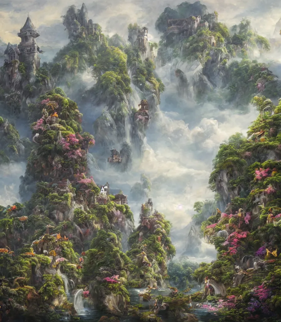 Image similar to a Breathtakingly enchanted landscape with floating Tropical islands, dogs with wings, and a mythical overgrown castle in the background, that are slightly obscured by magical mist in the style of Ken Hong Leung, artstudio, impasto oil painting, high fidelity, fine-grained, charcoal line art