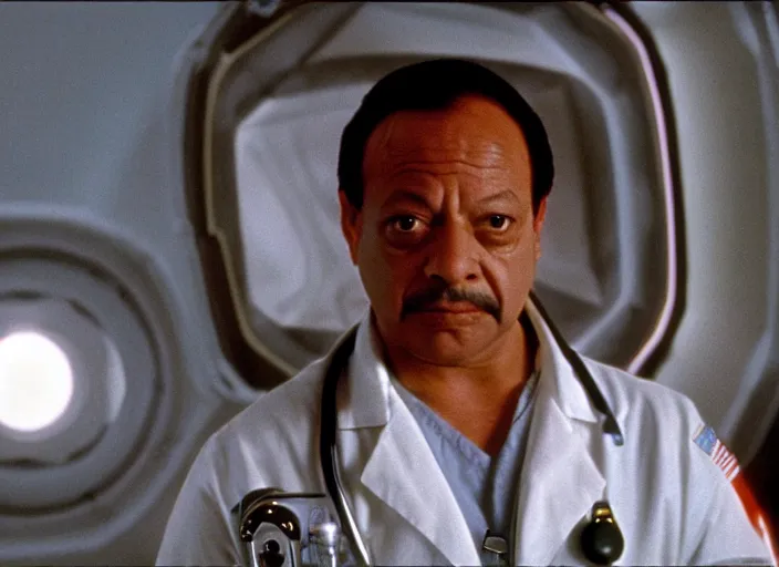 Prompt: film still of Cheech Marin as Dr. Dave Bowman in 2001 A Space Odyssey