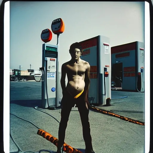 Image similar to a mongolian cyborg at a gas station, 9 0 s polaroid, by jamel shabbaz, robert mapplethorpe, davide sorrenti