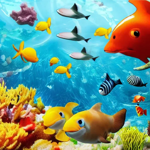 Image similar to A world where sea animals walk on land and land animals swim in the sea