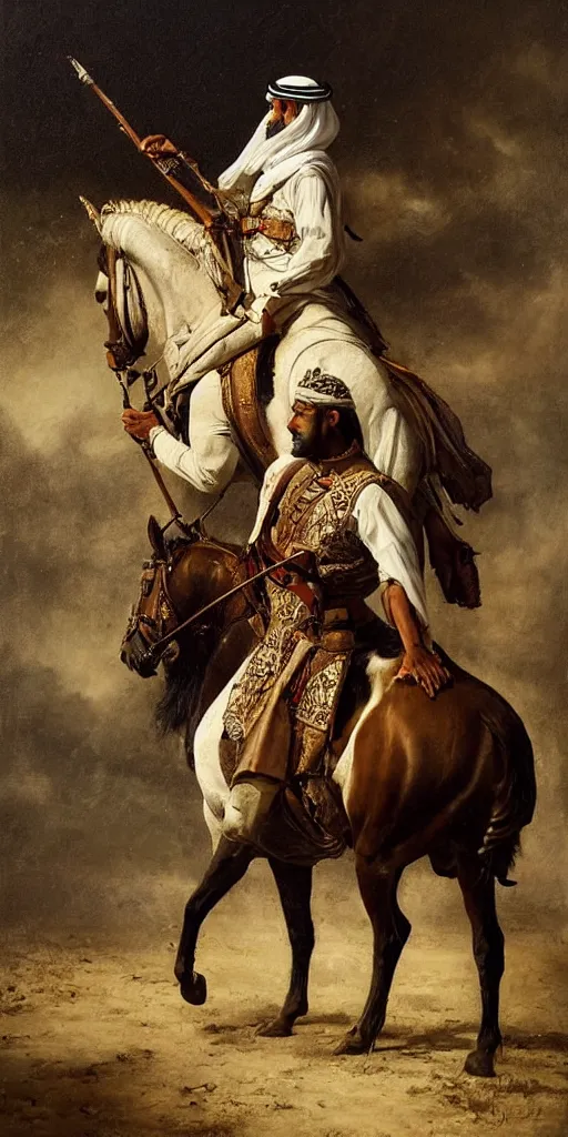 Image similar to Highly detailed and cinematic romantic period oil painting of an Arabian soldier riding a rearing horse, strong atmosphere, oil painting masterpiece by Josep Tapiró Baró, symmetry, fractals