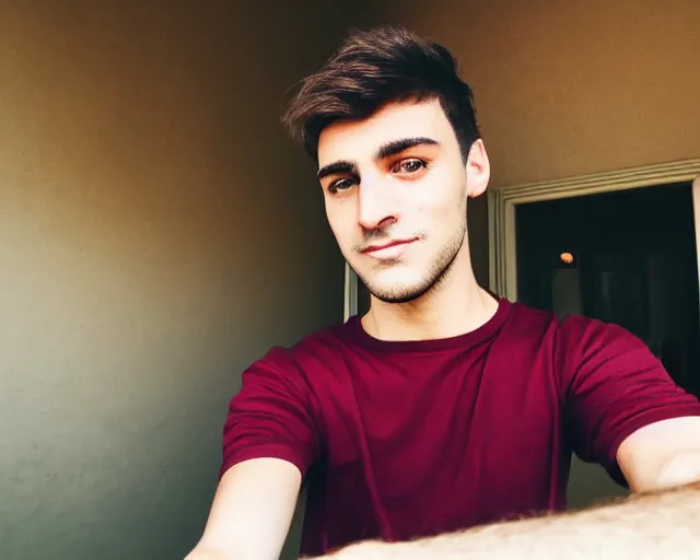 Image similar to A young man with big round brown eyes, medium length brown hair, a roman nose, oval face, wearing a maroon t-shirt, clean shaven, HD selfie