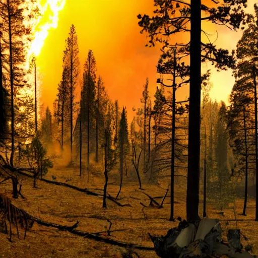Prompt: beautiful forest while sunset burns down to ashes, 8k, high detail picture