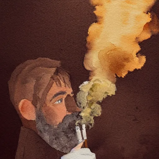 Image similar to watercolor painting of a man with a beard smoking a cigarette, he is wearing a brown sweater, dark style, dramatic lighting