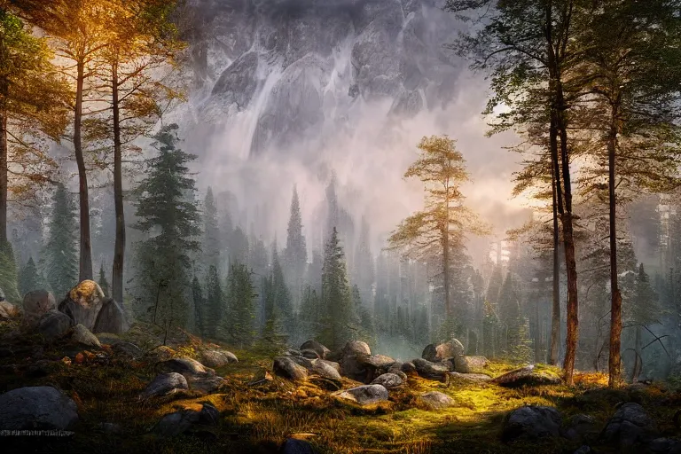 Prompt: beautiful swedish forest from the view of a mountain, (misty), landscape fantasy art, Octane Render, Unreal Engine, highly detailed, by Greg Rutkowski, by James Gurney, by Afremov