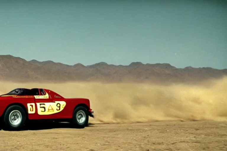 Prompt: 1 9 5 5 ferarri testarossa, mid - 7 0 s dakar rally footage, speed