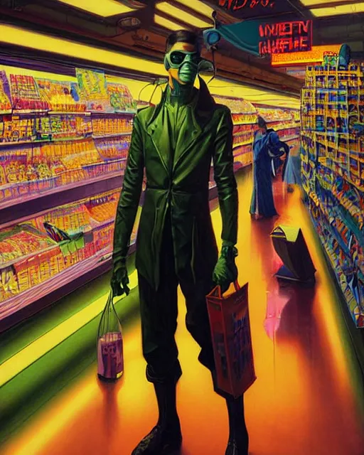 Image similar to cyberpunk man shopping at a neon soaked grocery store, science fiction painting, elegant intricate digital painting artstation, art by coby whitmore and gil elvgren, detailed