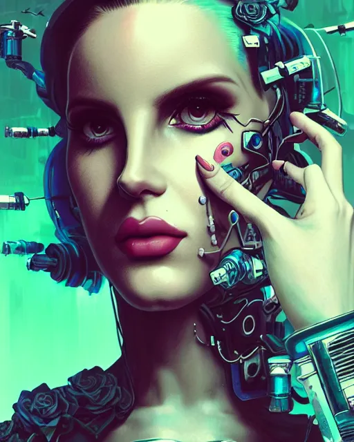 Image similar to portrait of lana del rey as a cyberpunk cyborg. roses, sci - fi, missing panels, intricate abstract, upper body, intricate artwork, by tooth wu, wlop, beeple, dan mumford. concept art, 8 k octane render, deviantart, greg rutkowski, cinematic, key art, hyperrealism, iridescent accents