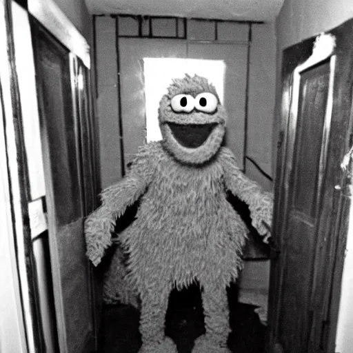 Prompt: grainy photo of the cookie monster as a creepy monster in a closet, harsh flash