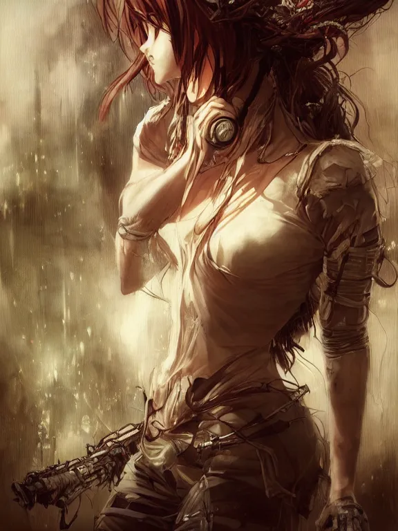 Image similar to full body picture of a biopunk powered suite girl looking at the camera, cynical, bored, being tired at war, beautiful and aesthetic, intricate, unreal engine, messy hair, highly detailed, detailed face, smooth, sharp focus, chiaroscuro, manga illustration, artgerm, greg rutkowski, alphonse mucha, young adult light novel cover art