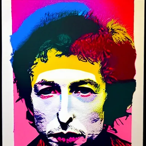 Image similar to aportrait of bob dylan | chromatic risograph print, warhol