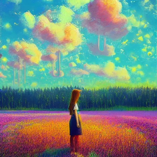 Image similar to girl made from surreal exploding flowers, standing in flower field, big trees, sunrise dramatic light, impressionist painting, colorful clouds, digital painting, pointillism, artstation, simon stalenhag