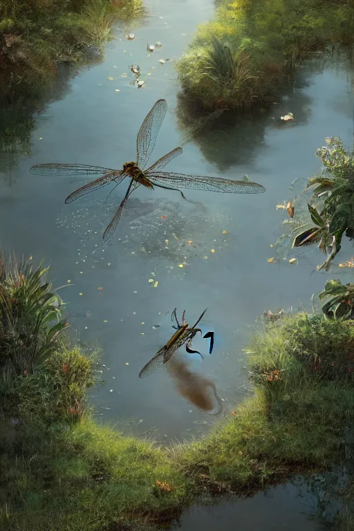 Image similar to a portrait of a dragonfly above a pond by Greg Rutkowski, Sung Choi, Mitchell Mohrhauser, Maciej Kuciara, Johnson Ting, Maxim Verehin, Peter Konig, final fantasy , mythical, 8k photorealistic, cinematic lighting, HD, high details, atmospheric,