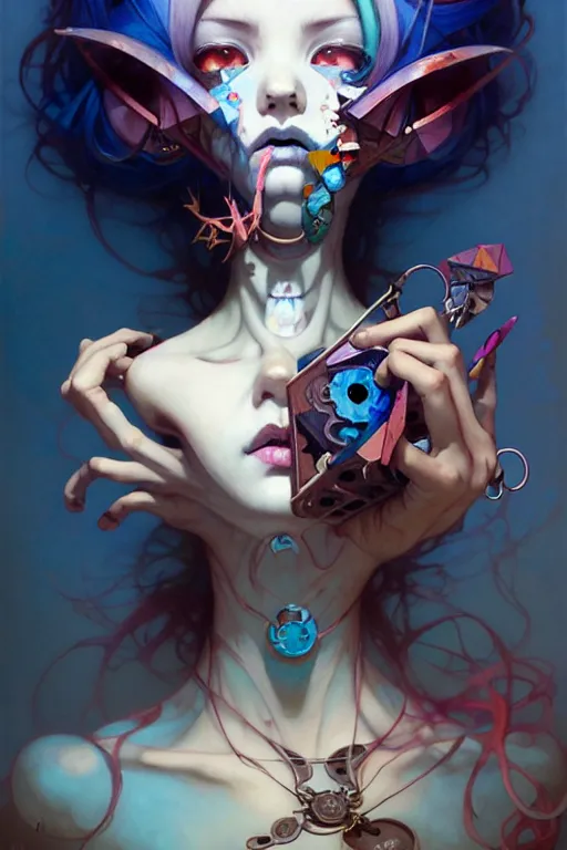 Image similar to portrait, patchwork doll, japanese gothic sytle, macabre horror, blue hour, expressive, asymmetrical art, hyperrealism, colorful, vivid, imposing, epic, abstract texture, artstation, concept art, by peter mohrbacher and wlop and rhads and artgerm and magali villeneuve and alphonse mucha