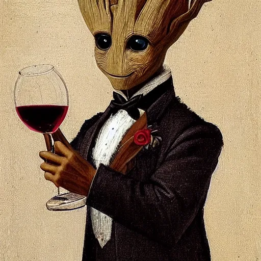 Image similar to portrait painting of the groot as a gentleman wearing tuxedo drinking wine, style by leonardo da vinci, masterpiece, artwork