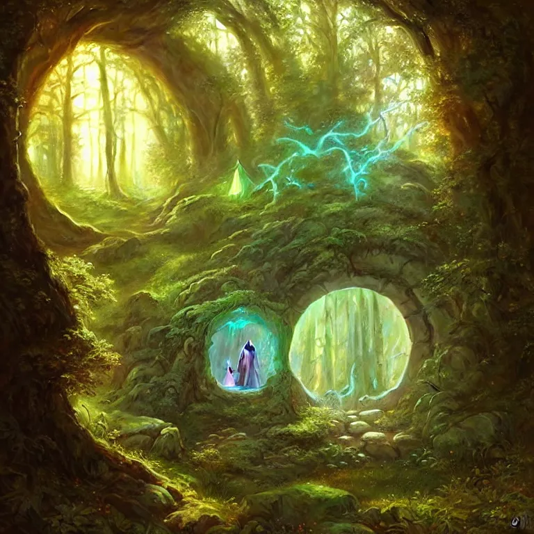 Prompt: Fantasy Magical fairy-tale glowing stone portal in the forest. Round stone portal teleport in trees to other worlds. Fantastic landscape. Magic Altar in the fores, highly detailed, digital painting, concept art, smooth, sharp focus, illustration, art by greg rutkowski and alphonse mucha