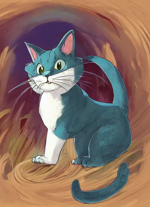 Image similar to official digital painting artwork of a cat character by don bluth, ross tran and studio ghibli.