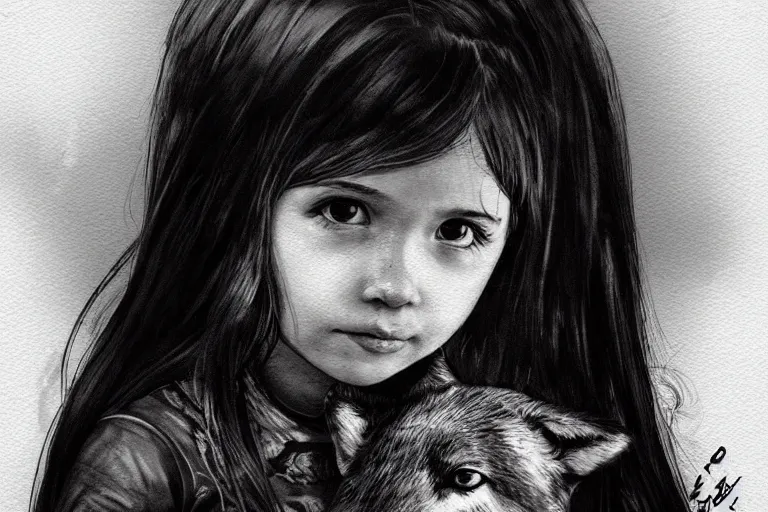 Image similar to portrait of a little girl with a wolf head, dark color scheme, ink, artstation