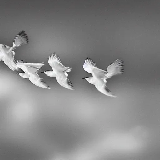 Prompt: a flock of white sparrows dancing on the cloud, soft focus realistic photo, color aberration, ultra detailed, 4 k, grain, greyscale, kodak