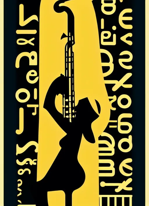 Prompt: jazz festival, silhouette woman, guitar, saxophone, bass, poster illustration, by malika favre