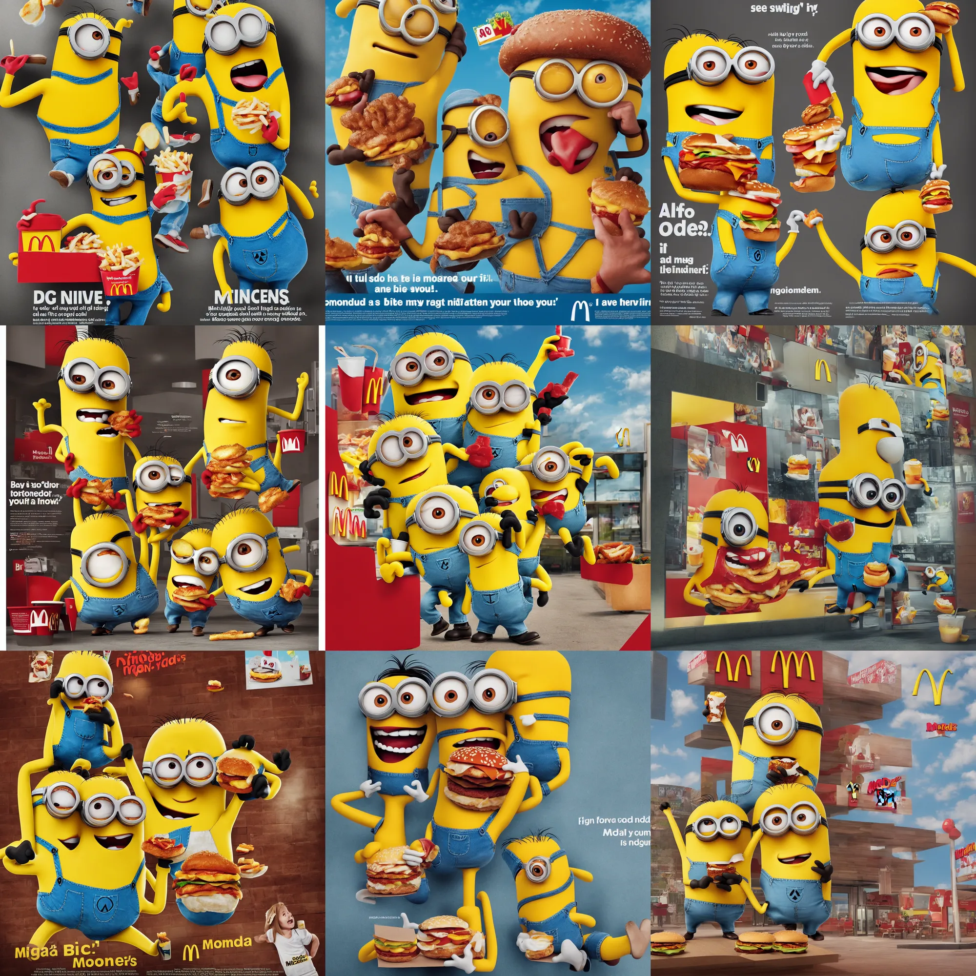 Prompt: McDonalds ad poster featuring Minion eating a Big Mac