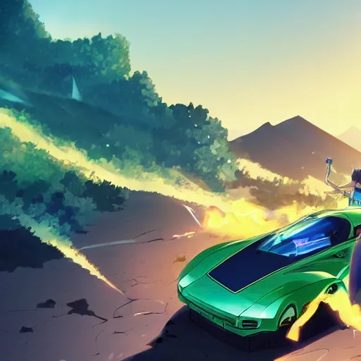 Image similar to blue knight vs dragon, green car in desert, makoto shinkai, dbz, 4 k, artstation