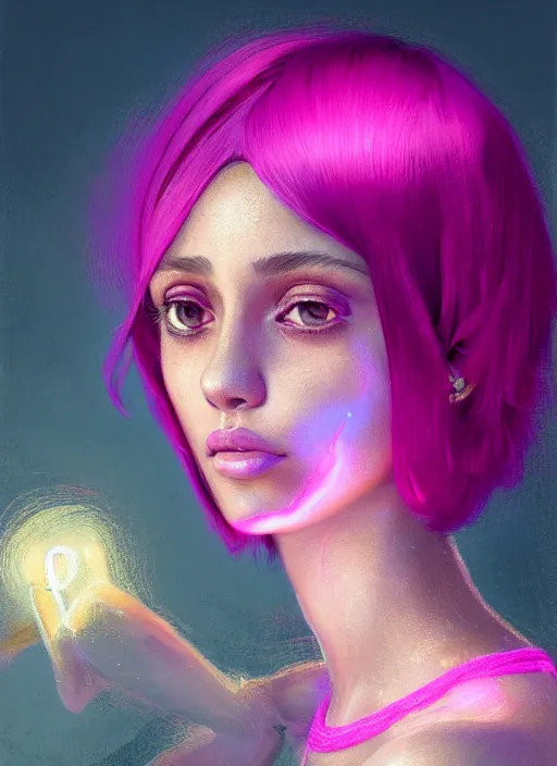 Image similar to portrait of teenage vanessa morgan with bright pink hair, vanessa morgan, curly pixie cut hair, wearing a purple breton cap, breton cap, hoop earrings, intricate, elegant, glowing lights, highly detailed, digital painting, artstation, concept art, smooth, sharp focus, illustration, art by wlop, mars ravelo and greg rutkowski