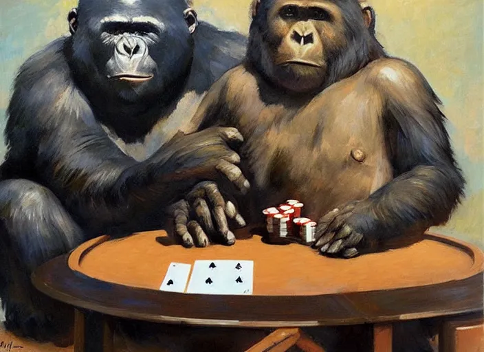 Image similar to gorrila and a bear playing poker, highly detailed beautiful, by gregory manchess, james gurney, james jean