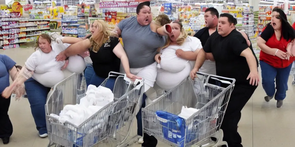 Prompt: obese americans at wal - mart brawling over toilet paper, detailed facial expressions