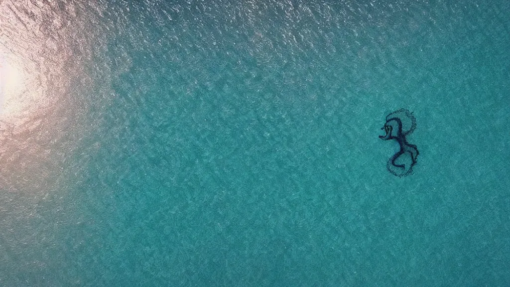 Prompt: ocean, clear water, octopus silhouette at depth, bird eye view, aerial view, drone photography, fear, mesmerizing, blue sea, glare on the water, reflection of the sky on the water, art by google earth,