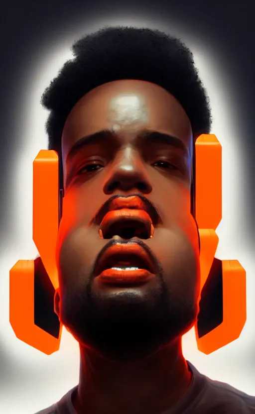 Image similar to handsome black genius hacking the metaverse, vr headset, white t - shirt and jordans floating, three dimensional holographs and translucent orange glow, highly detailed, digital painting, artstation, concept art, smooth, sharp focus, illustration, art by wlop, uang guangjian and gil elvgren and sachin teng and greg rutkowski