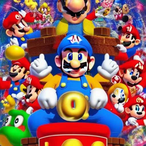 Prompt: supermario, mario wearing a red hat, and blue overalls as durga hindu god with many arms sprawled out behind,