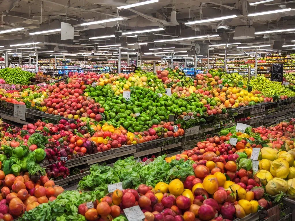 Image similar to produce department in a grocery store, highly detailed, high quality, HD, 4k, 8k, Canon 300mm, professional photographer, 40mp, lifelike, top-rated, award winning, realistic, sharp, no blur, edited, corrected, trending