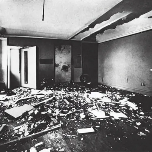 Image similar to The conceptual art shows a scene of total destruction. A room has been completely wrecked, with furniture overturned, belongings strewn about, and debris everywhere. The only thing left intact is a single photograph on the wall. This photograph is the only evidence of what the room once looked like. It shows a tidy, well-appointed space, with everything in its place. The contrast between the two images is stark, and it is clear that the destruction was complete and absolute. by Simon Bisley, by Dora Maar geometric, realistic