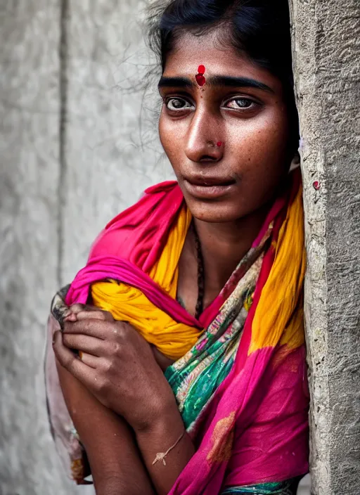 Image similar to Mid-shot portrait of a beautiful 20-year-old woman from India in her traditional get-up, candid street portrait in the style of Martin Schoeller award winning, Sony a7R