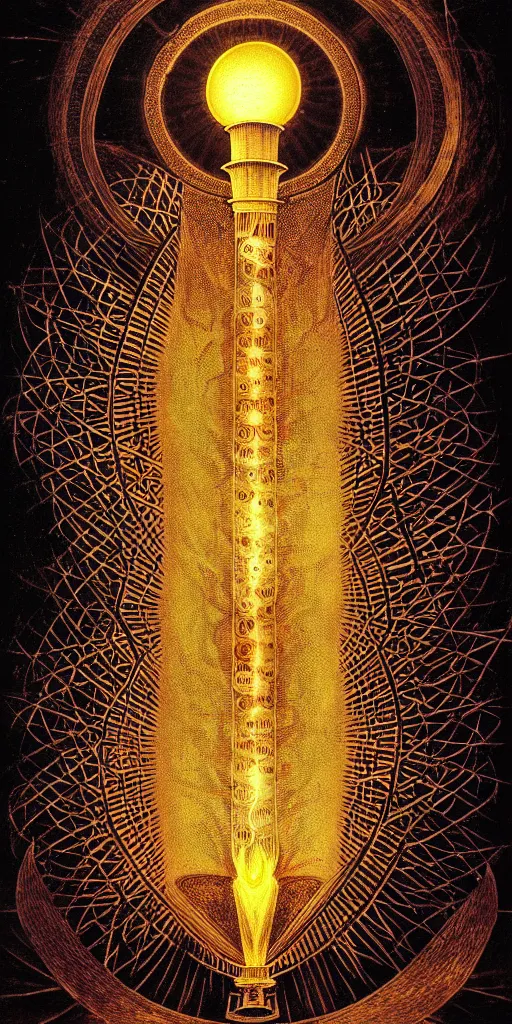 Prompt: an alchemical fiery lighthouse radiates a unique canto'as above so below'while being ignited by the spirit of haeckel and robert fludd, breakthrough is iminent, glory be to the magic within, in honor of saturn, painted by ronny khalil