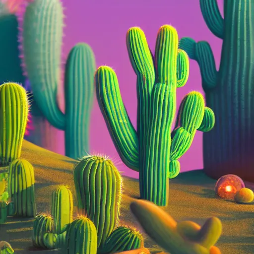 Image similar to cactus family, poster vintage, illustration, bioluminescence, vegetation, water bubbles, portrait, full shot, rim light, pixar, octane render,