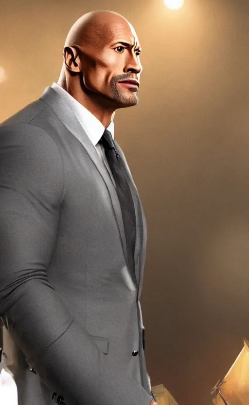 Image similar to dwayne johnson wearing a suit as the president of the united states, dynamic lighting, photorealistic fantasy concept art, trending on art station, stunning visuals, creative, cinematic, ultra detailed