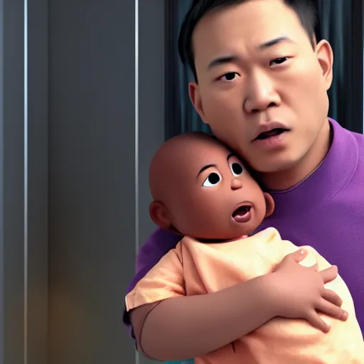 Image similar to shocked asian man holds black baby at hospital, he can ’ t believe his eyes, award winning art, pixar, 3 d render, unreal engine