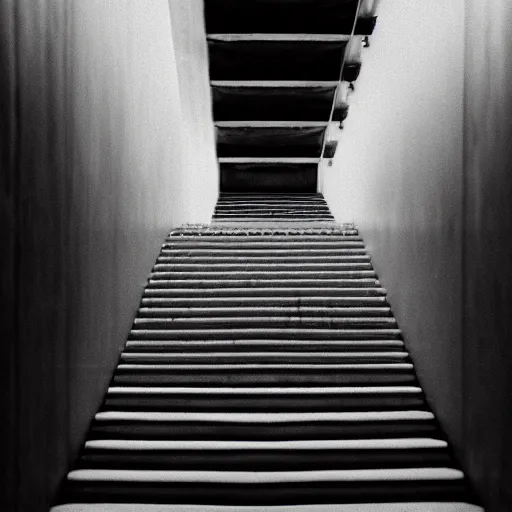 Image similar to black and white press photograph, highly detailed space of stairs, stairs and stairs, detailed textures, natural light, mist, architecture photography, film grain, soft vignette, sigma 8 5 mm f / 1. 4 1 / 1 0 sec shutter, darren aronofsky film still promotional image, imax 7 0 mm footage