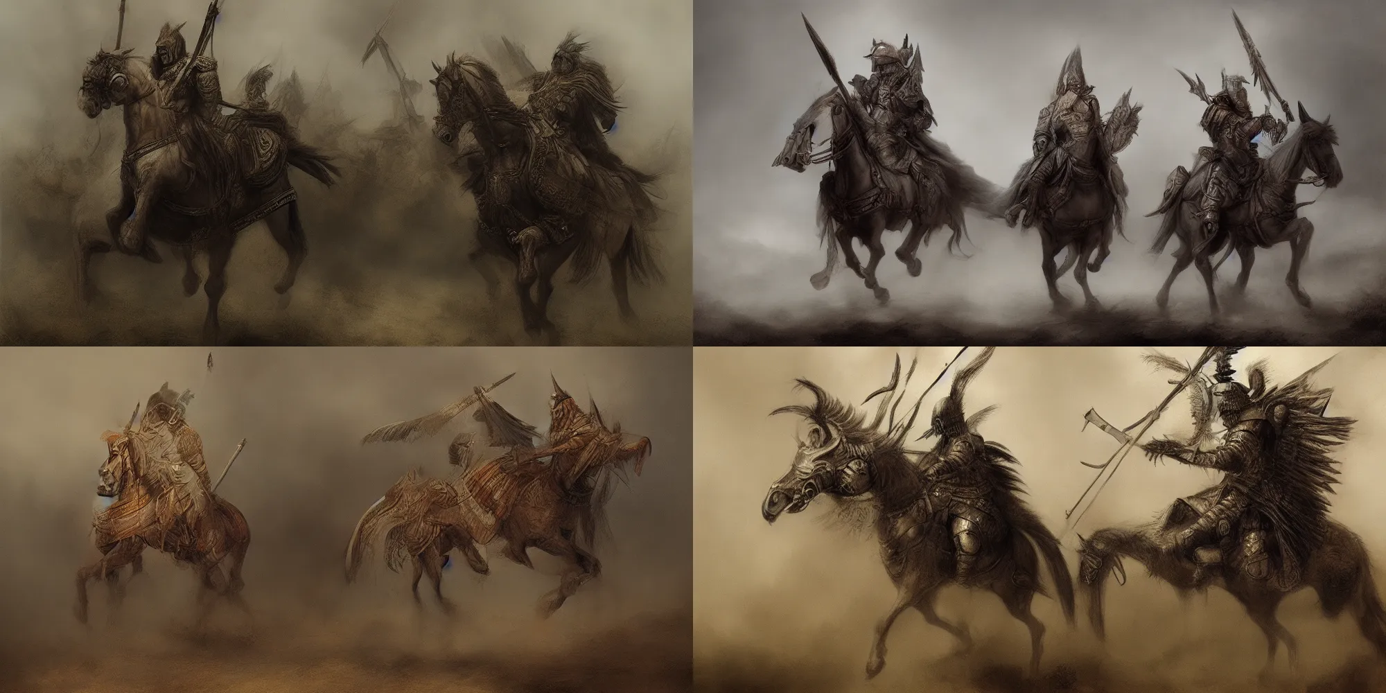 Prompt: character design, undead winged hussar, riding armoured undead horse, on a foggy battlefield, rembrandt style,