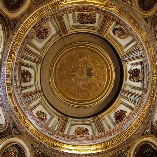 Image similar to ornated circular ceiling, with paintings of angels, highly detailed