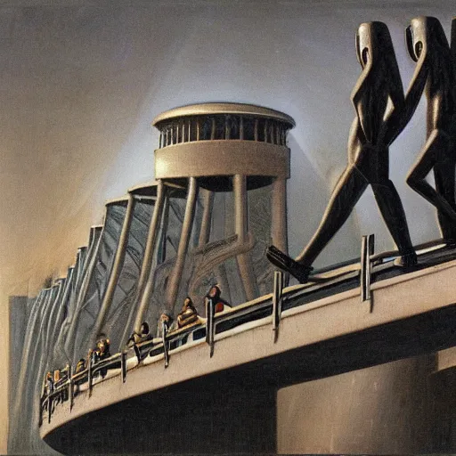 Prompt: a couple of humans walking across a metallic bridge, by h. r. giger