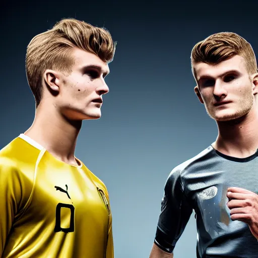 Image similar to a realistic detailed photo of a guy who is an attractive humanoid who is half robot and half humanoid, who is a male android, soccer players martin ødegaard & timo werner, shiny skin, posing like a statue, blank stare, in a factory, on display, showing off his muscles, gold soccer shorts, side view, looking at each other mindlessly